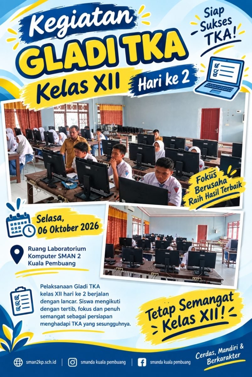 SMAN 2 Kuala Pembuang — Selasa, 6 Oktober 2026. Kegiatan Gladi TKA (Tes Kemampuan Akademik) Kelas XII hari ke-2 dilaksanakan di Laboratorium Komputer SMAN 2 Kuala Pembuang.